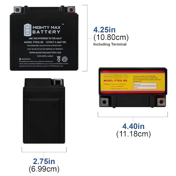YTX5L-BS 12V 4AH Battery Replacement For Yamaha TTR230E 2003-2004